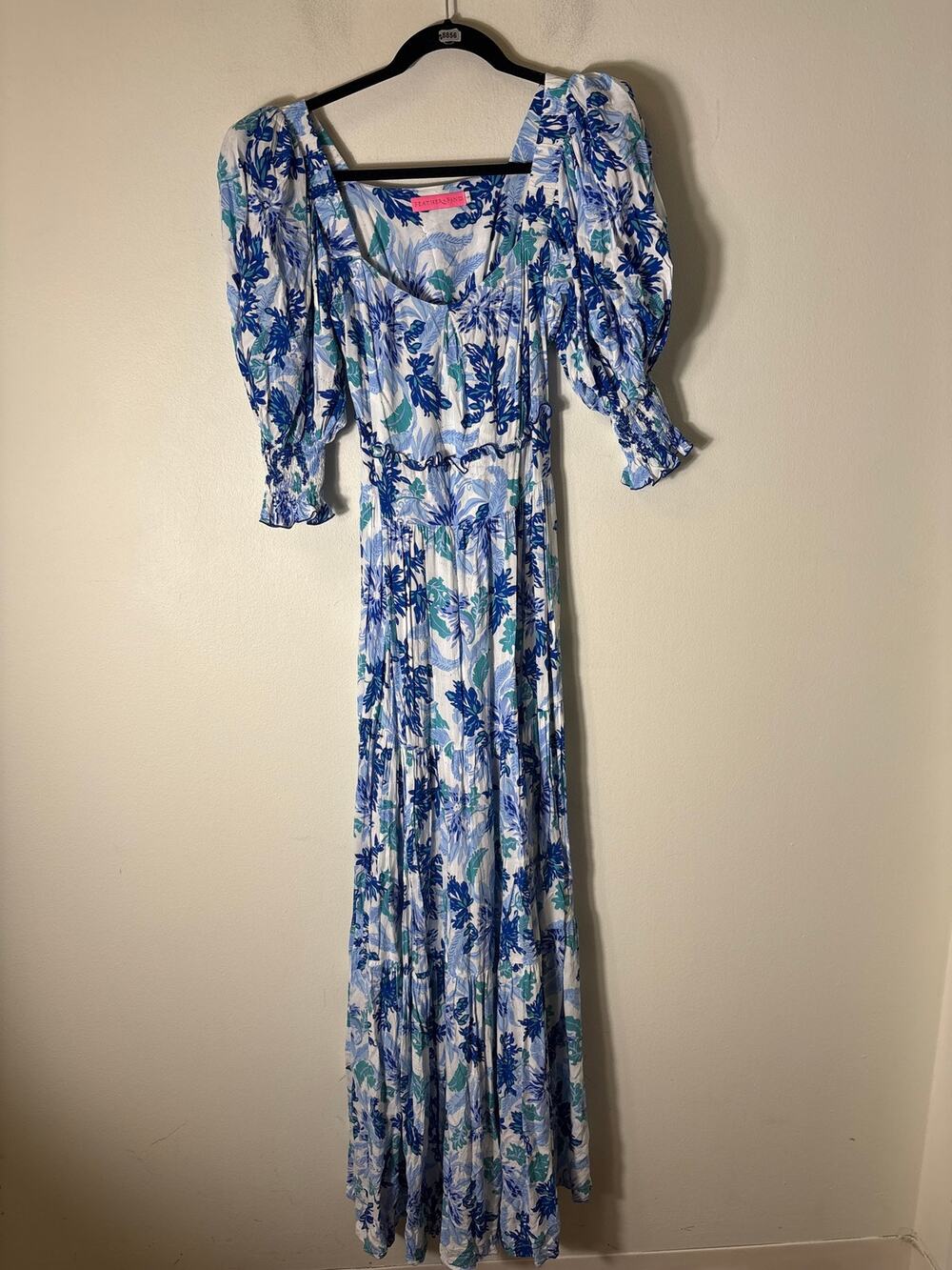 Feather & Find Blue Tropical Puff Sleeve Maxi Dress Sz S